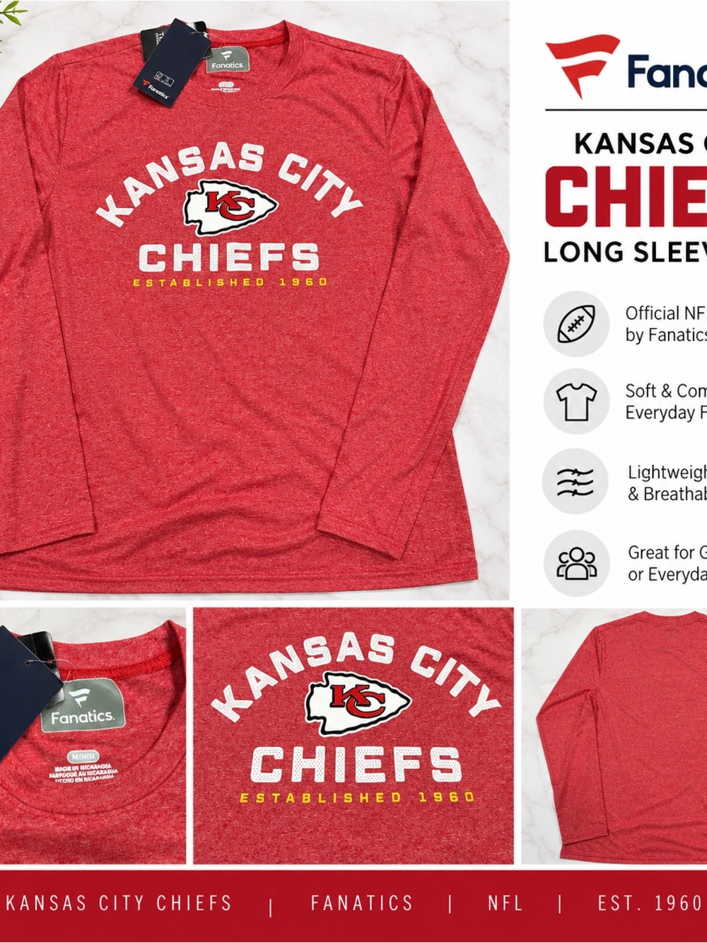 Fanatics Red Kansas City Chiefs Long-Sleeve Shirt Mens Medium